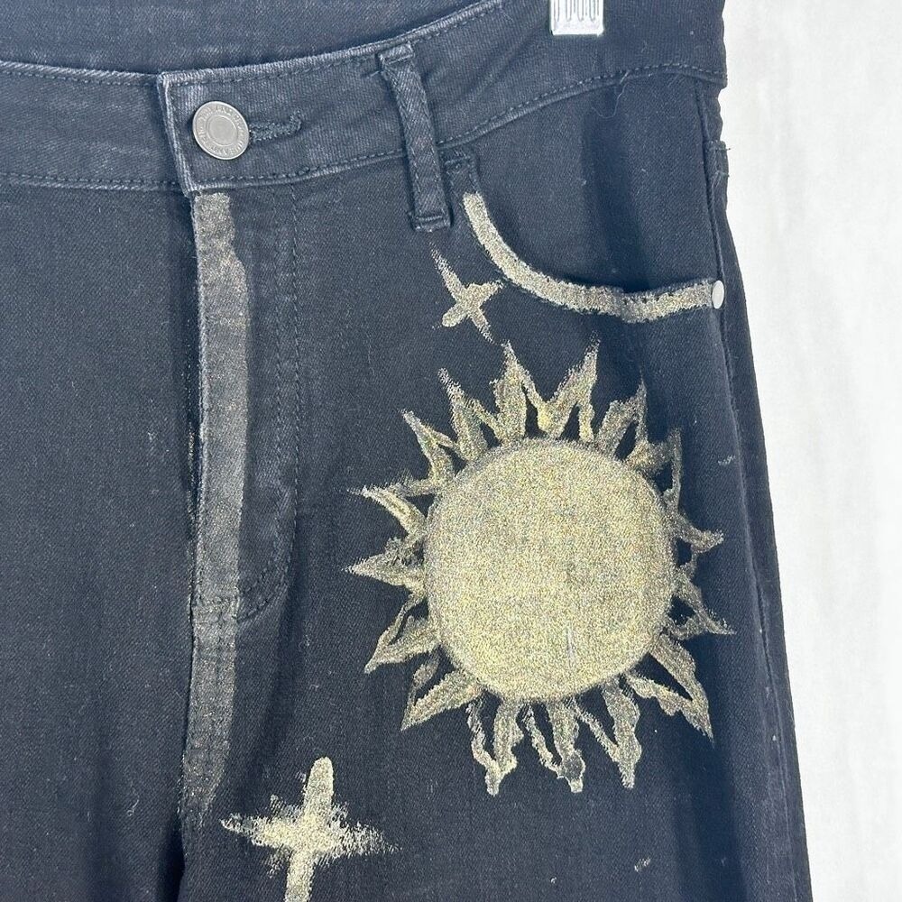Time Tru Sz 4 Jeans Black Straight Hand Painted Gold Lunar Sun Witch Grunge 1602 - Picture 12 of 13